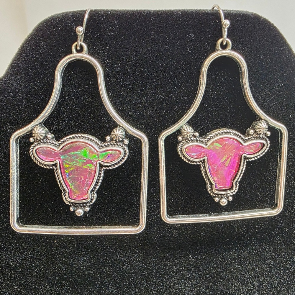 Cattle Tag Steer Head Earrings Womens Silver Pink Western Cowgirl